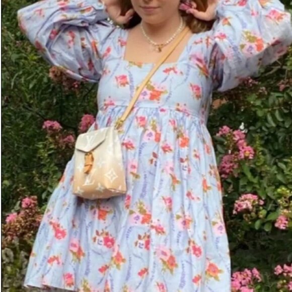 LOVESHACKFANCY Eaton Floral Blue Puff Sleeve Mini Dress Size S - Picture 3 of 14